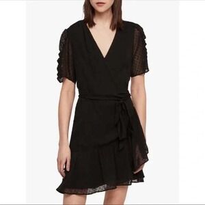 AllSaints Swiss Dot Wrap Dress Black Ruffle Hem Mini Short Sleeve Sz 0